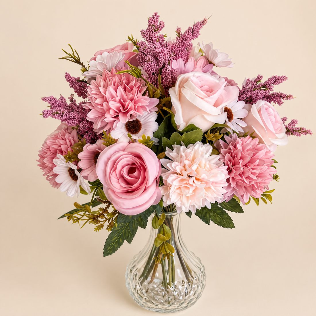 Faux Pink Rose Dahlia Daisy Bouquet – Artificial Flowers for Wedding and Home Decor