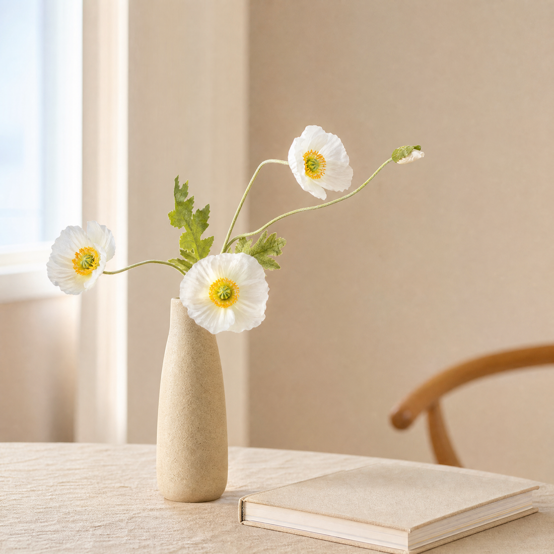 Silk Poppy Stem Faux Flowers – 4 Head Spray for Wedding and Home Decor