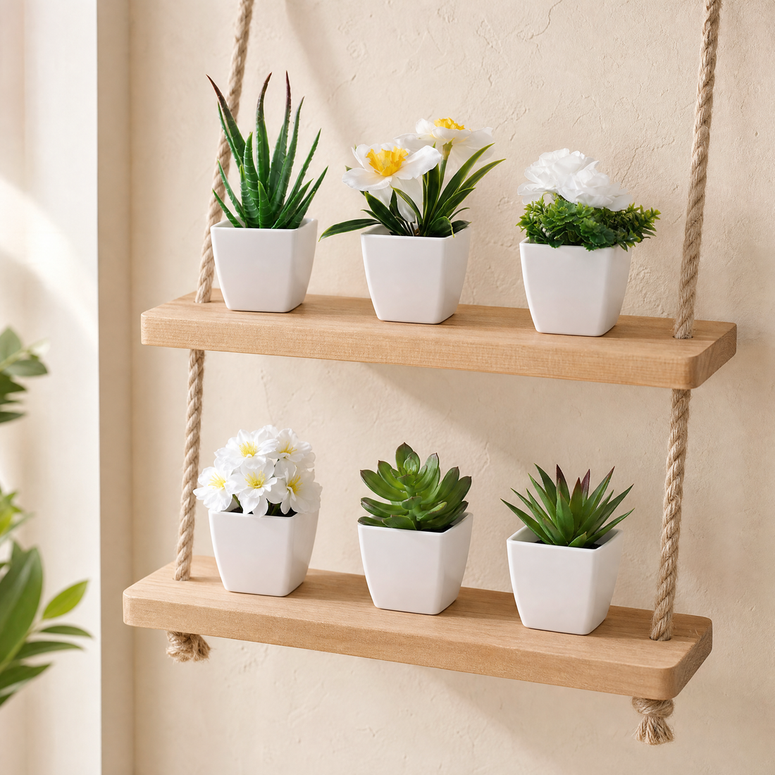 Artificial Potted Plants Set of 6 – Faux Succulents and Florals in White Pots
