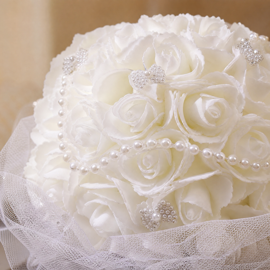Faux Rose Bridal Bouquet – Pearl Detail Tulle Wrap White Wedding Flowers Bride