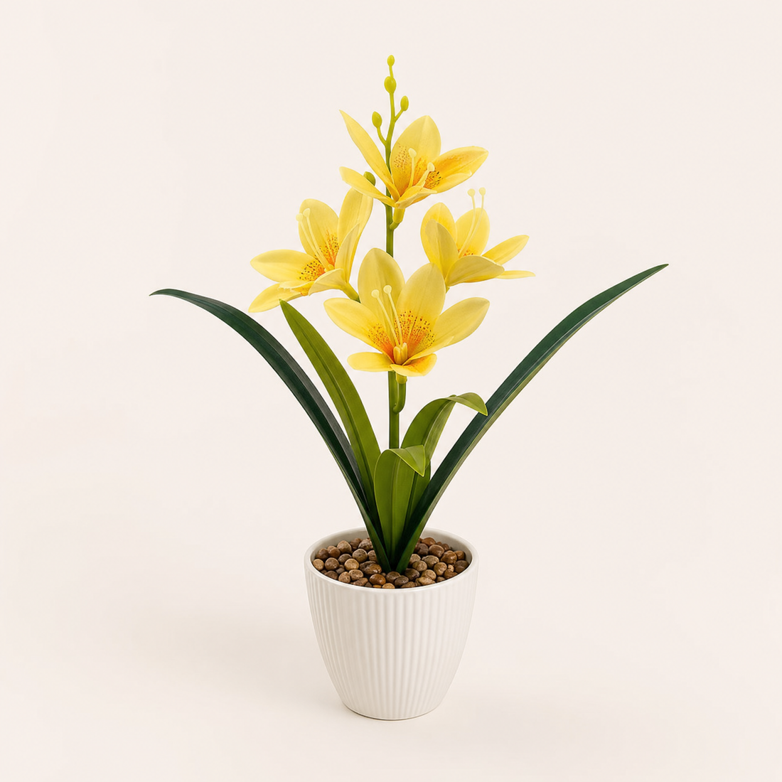 Faux Orchid in Stone Pot – Silk Bloom for Home, Study or Living Room Decor