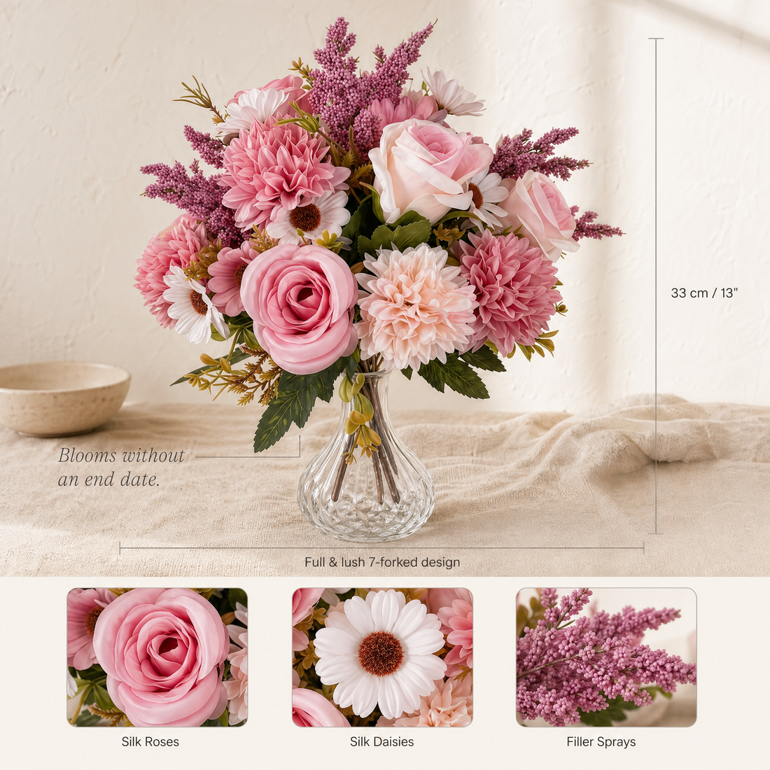 Faux Pink Rose Dahlia Daisy Bouquet – Artificial Flowers for Wedding and Home Decor