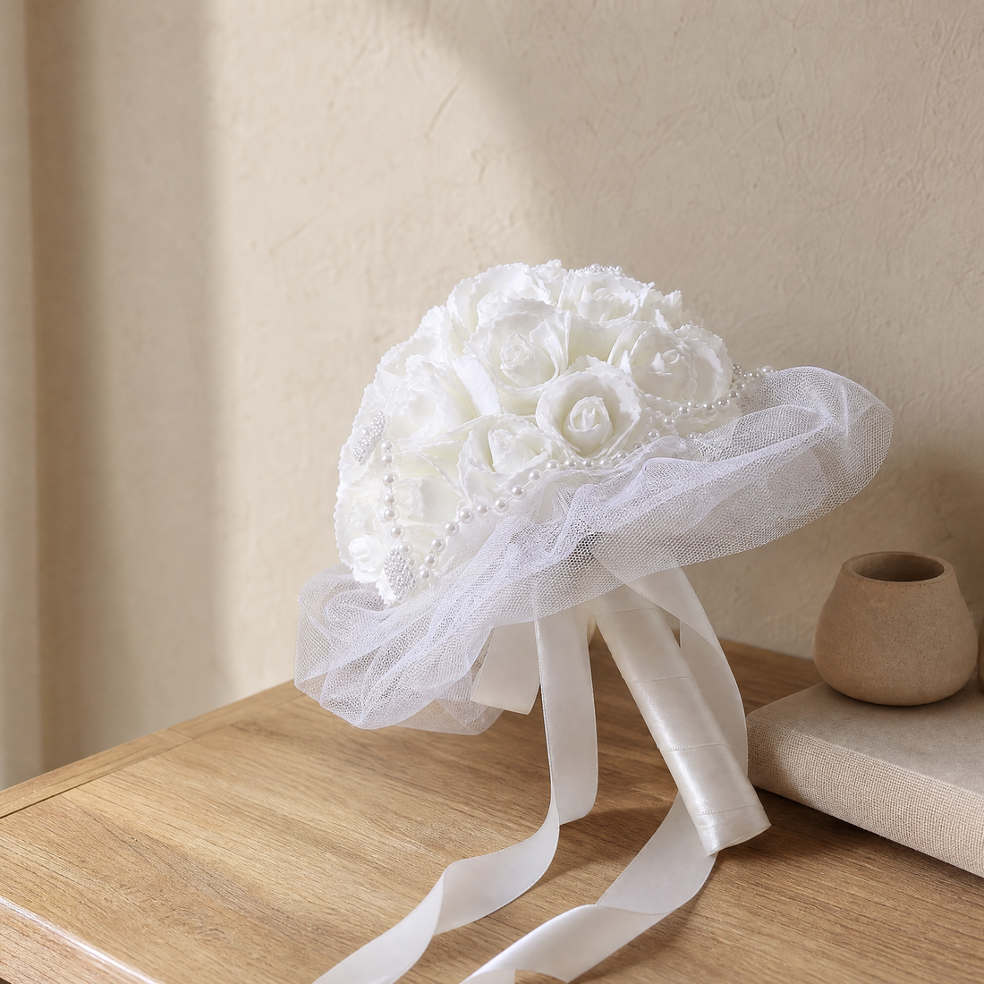 Faux Rose Bridal Bouquet – Pearl Detail Tulle Wrap White Wedding Flowers Bride