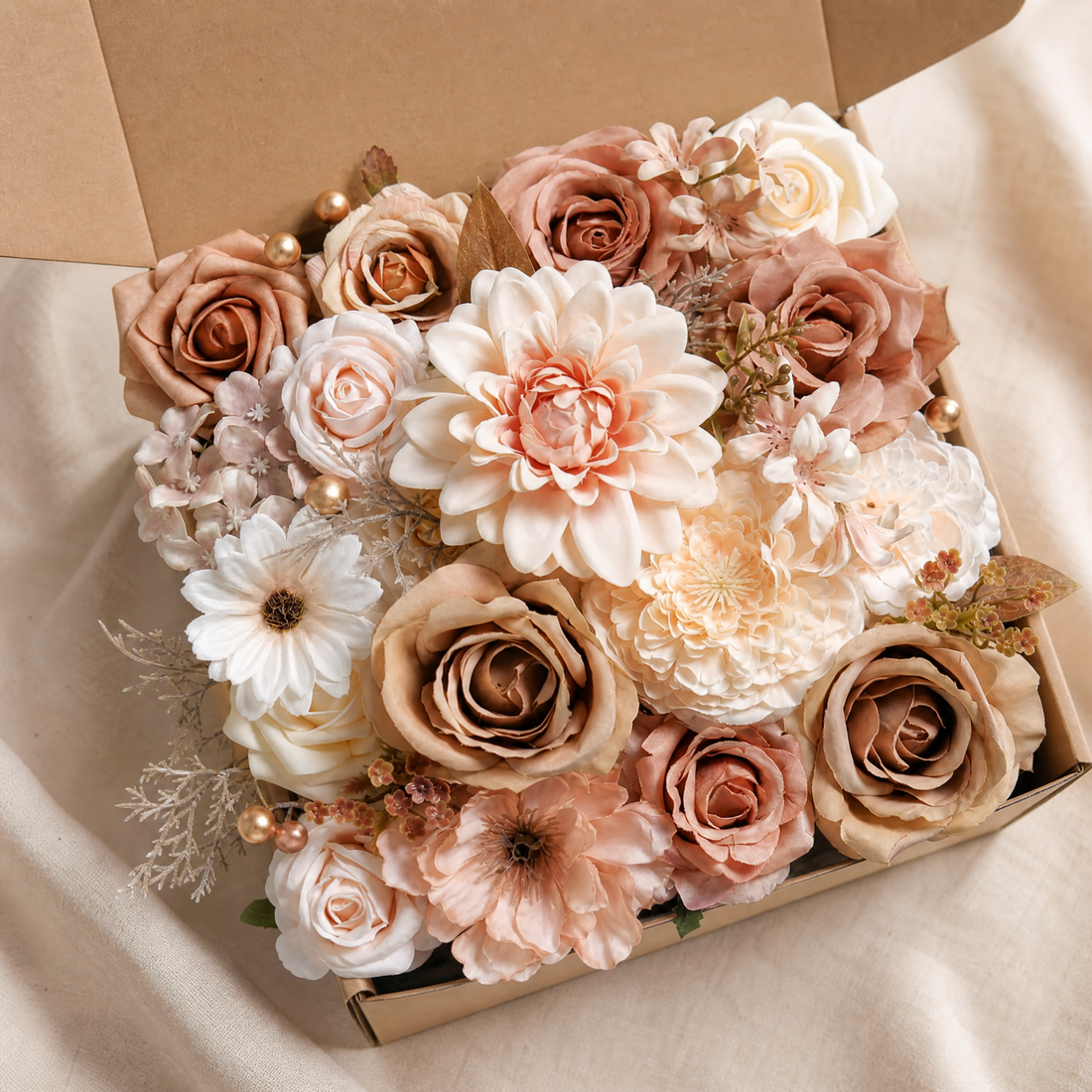 Silk Flower Box Set – Dusty Rose Blush Dahlia Roses for Bridal Bouquet and Home Decor