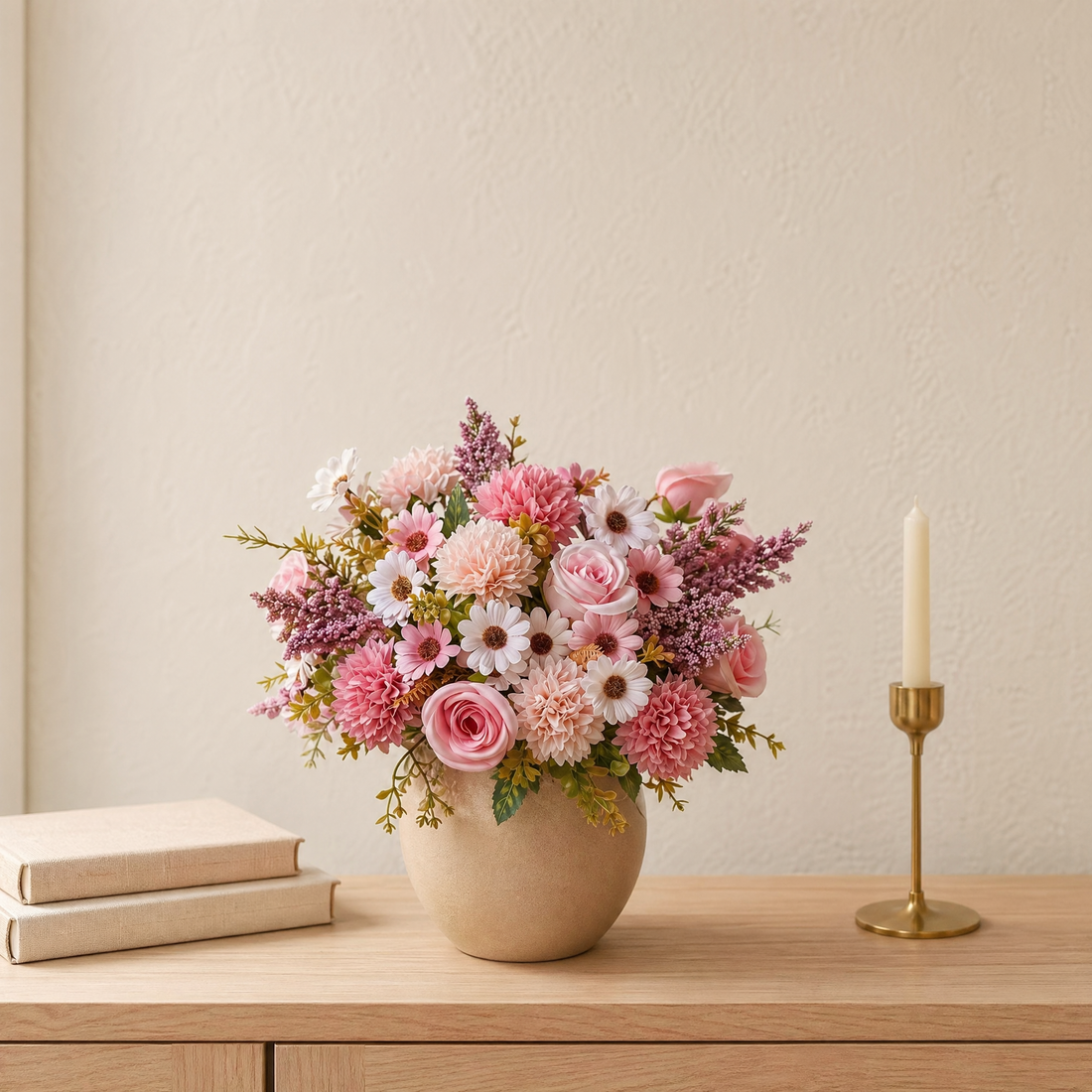 Faux Pink Rose Dahlia Daisy Bouquet – Artificial Flowers for Wedding and Home Decor