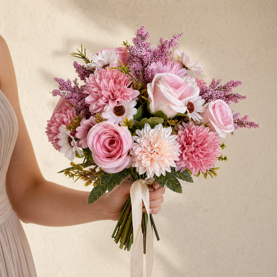 Faux Pink Rose Dahlia Daisy Bouquet – Artificial Flowers for Wedding and Home Decor