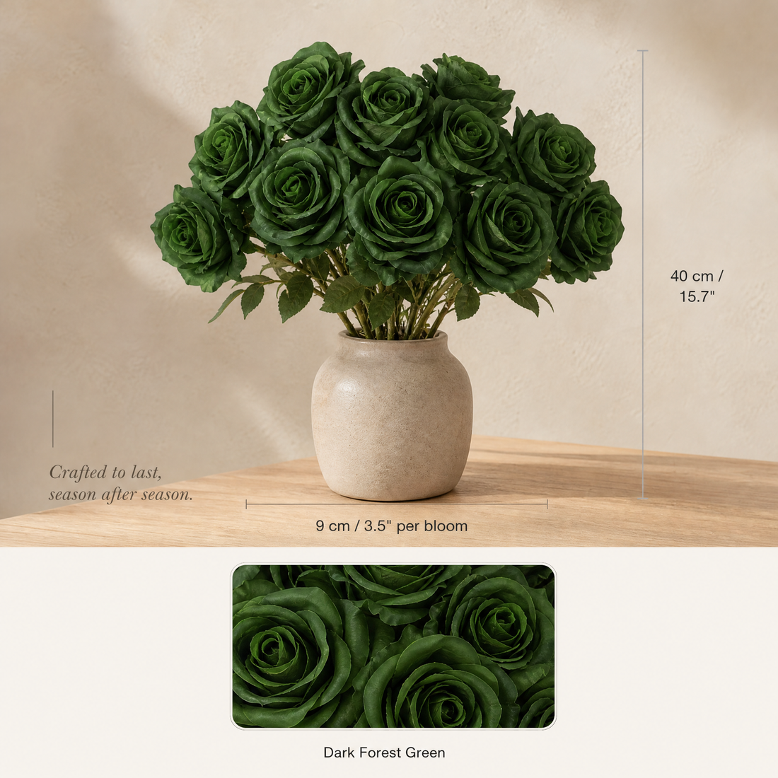 Dark Green Silk Rose Bouquet – 9 Heads Faux Roses for Wedding and Home Decor