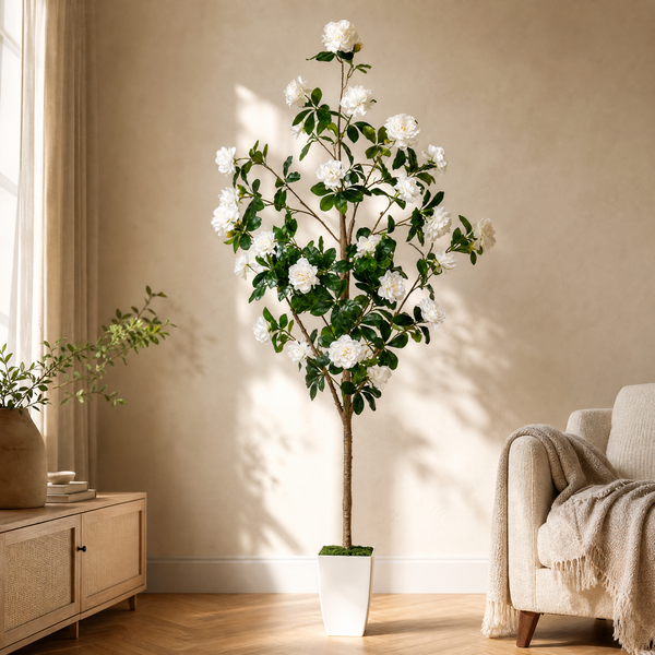 Artificial Peony Tree with Pot – White Faux Flower Tree Indoor Living Room Decor