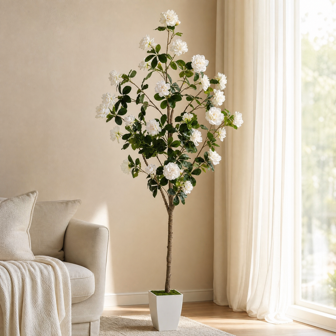 Artificial Peony Tree with Pot – White Faux Flower Tree Indoor Living Room Decor