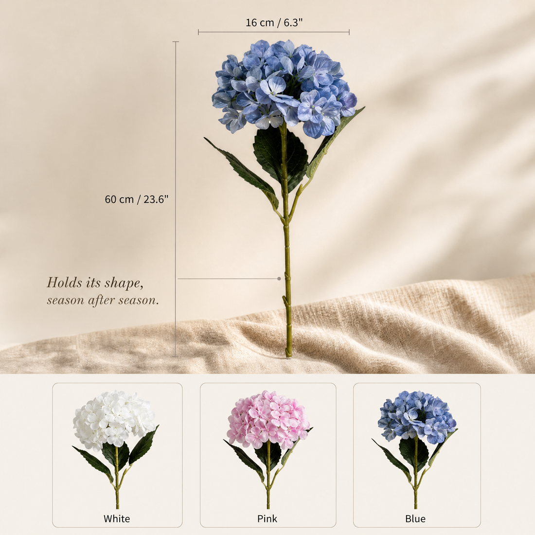 Silk Hydrangea Stem – Faux Floral for Home Decor, Vase, Wedding Arrangement