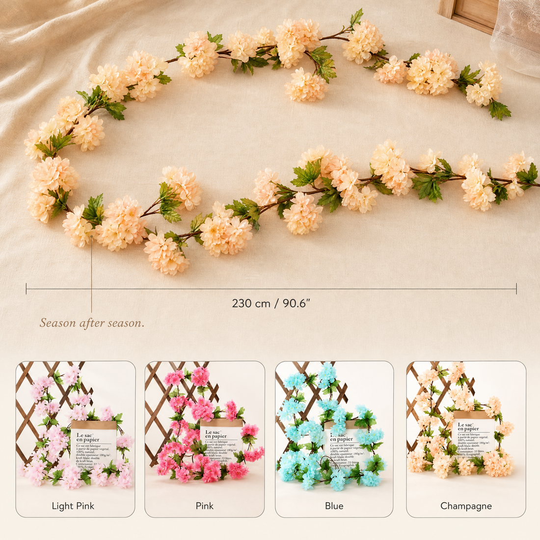 Faux Cherry Blossom Vine – 230cm Silk Floral Garland for Wedding Arch Home Decor
