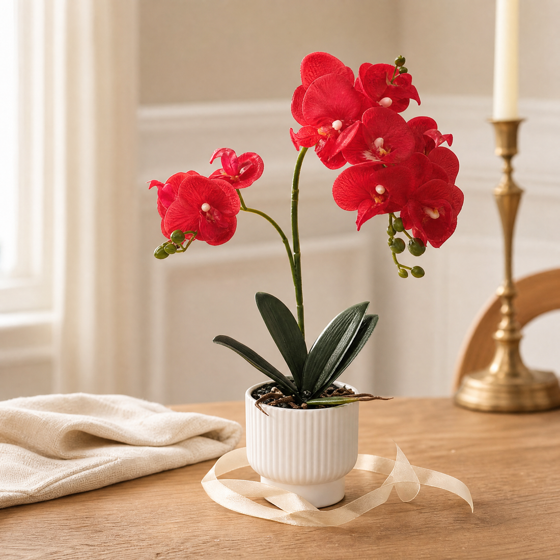 Faux Orchid Arrangement in Pot – Silk Phalaenopsis Bonsai Home Office Desk Decor
