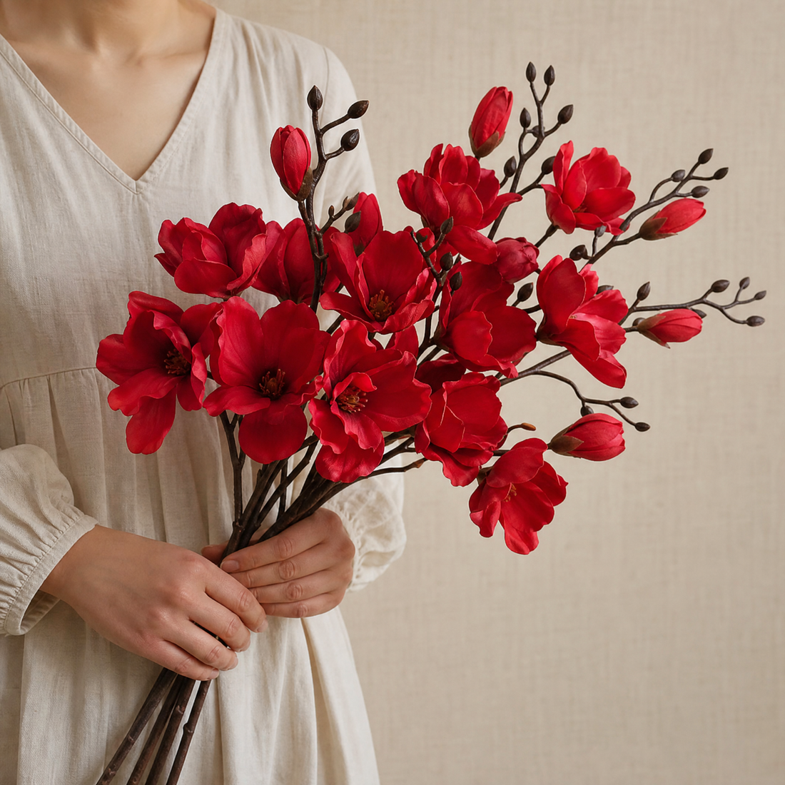 Faux Magnolia Stem Bouquet – 20 Head Silk Flower Arrangement Wedding Table Decor