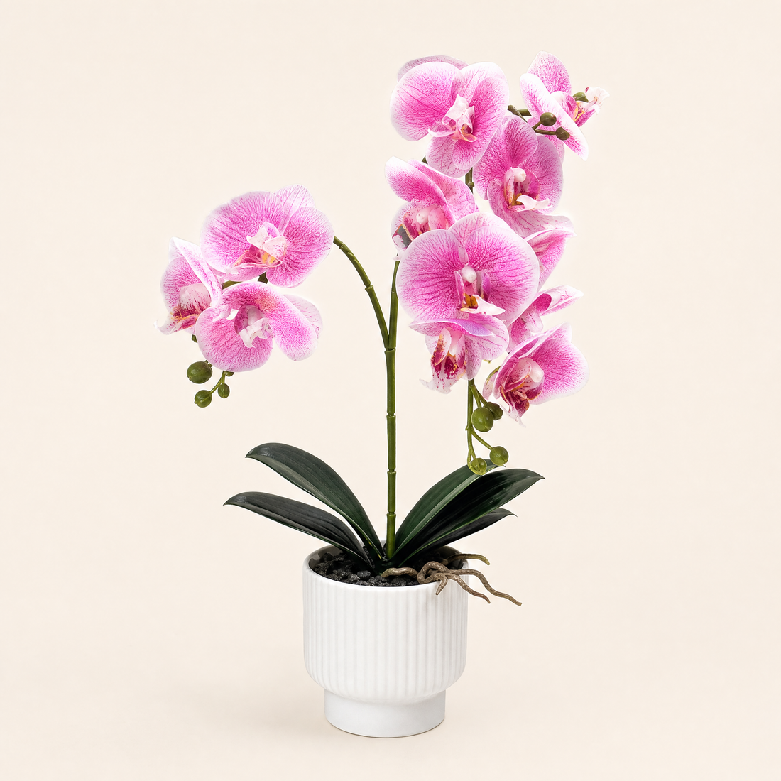 Faux Orchid Arrangement in Pot – Silk Phalaenopsis Bonsai Home Office Desk Decor