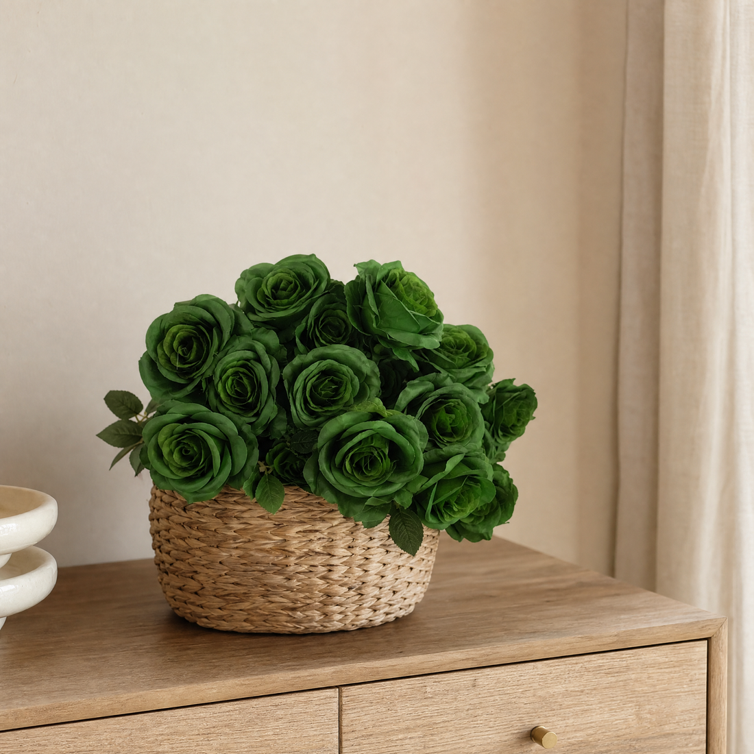Dark Green Silk Rose Bouquet – 9 Heads Faux Roses for Wedding and Home Decor