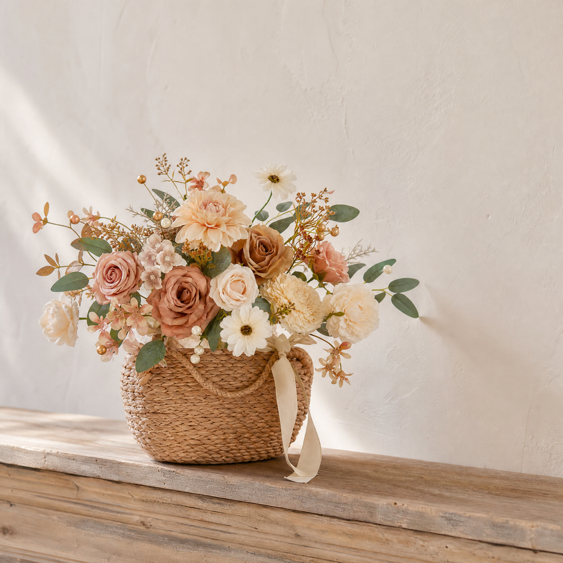 Silk Flower Box Set – Dusty Rose Blush Dahlia Roses for Bridal Bouquet and Home Decor