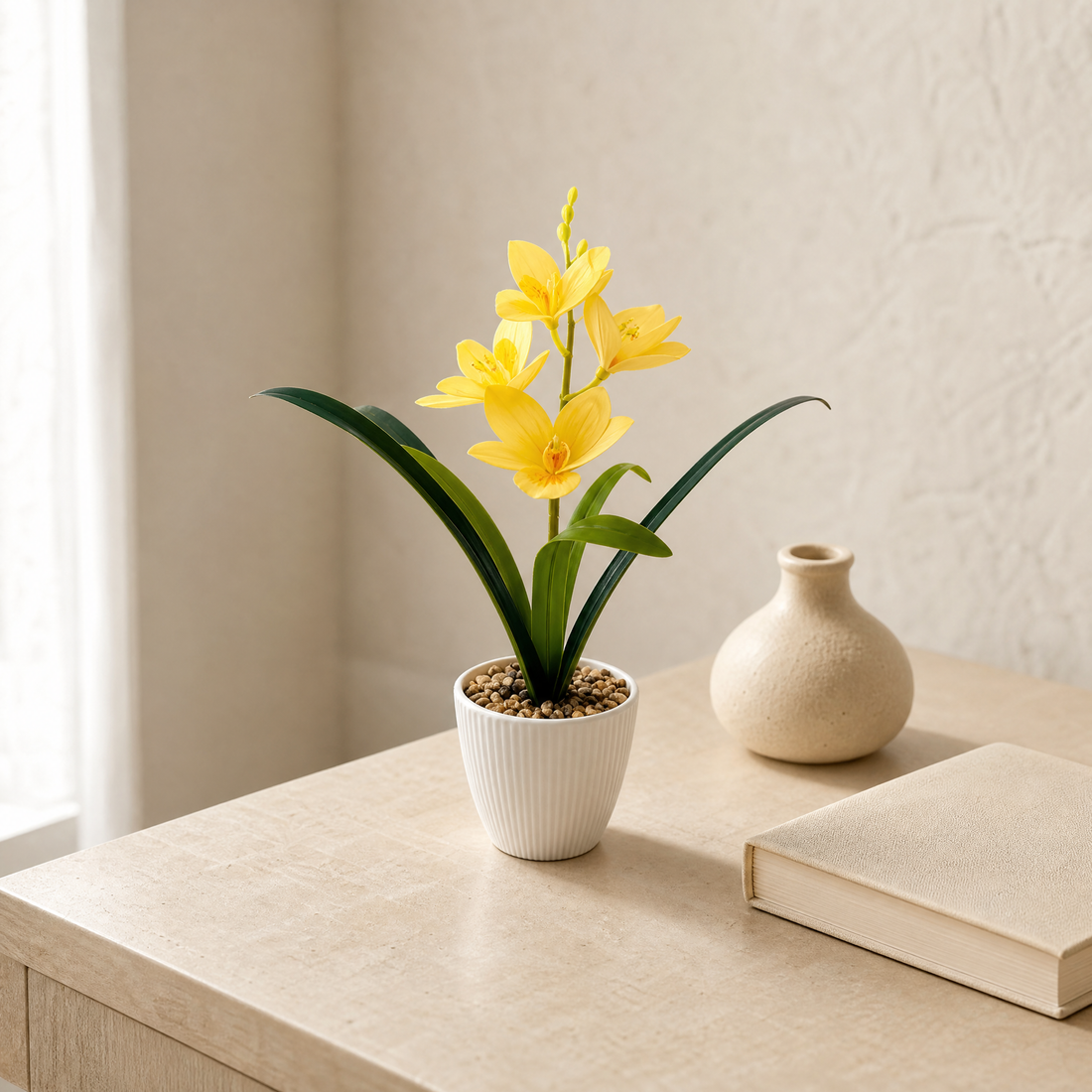 Faux Orchid in Stone Pot – Silk Bloom for Home, Study or Living Room Decor