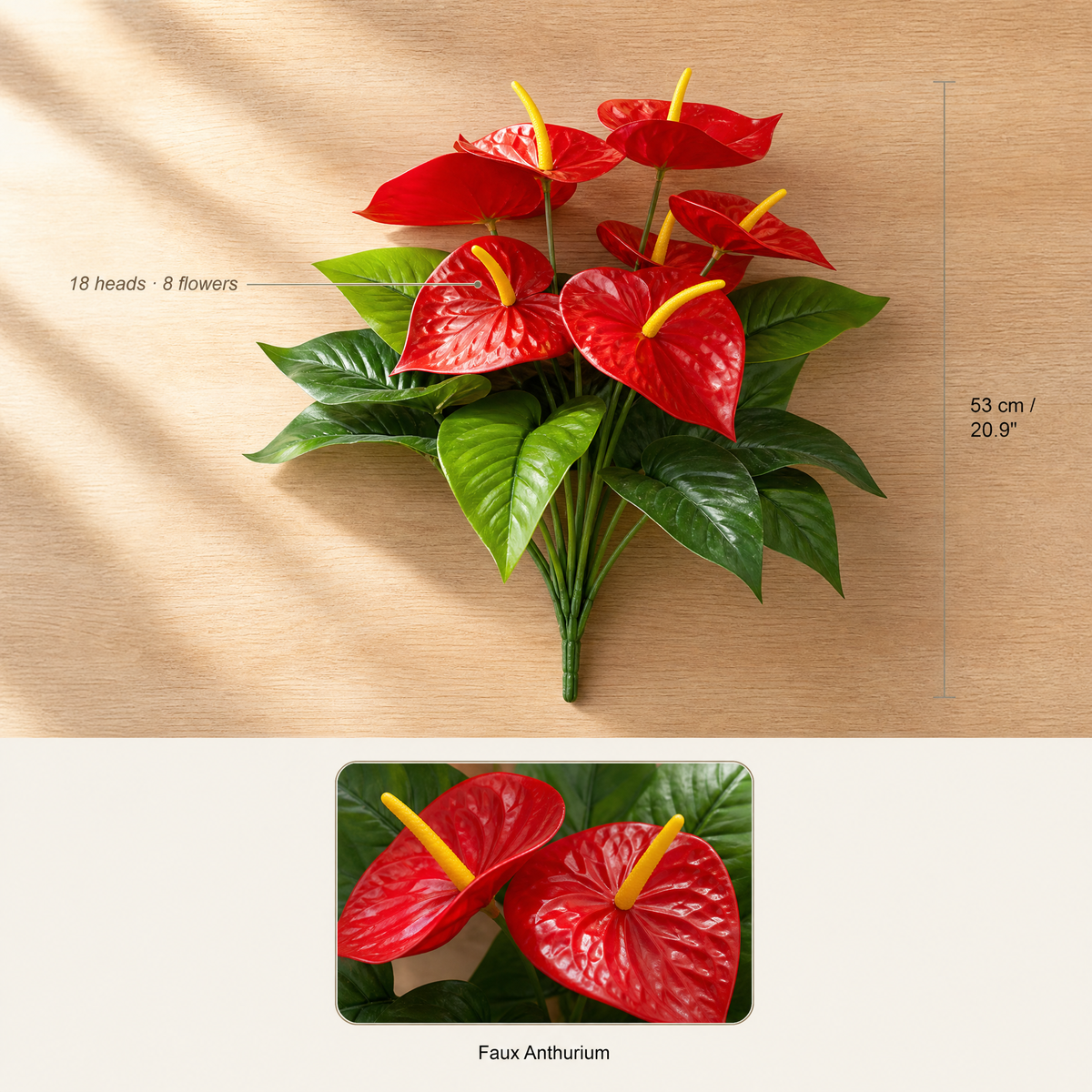Artificial Anthurium Plant – 18 Head Faux Flamingo Flower Red Indoor Home Decor