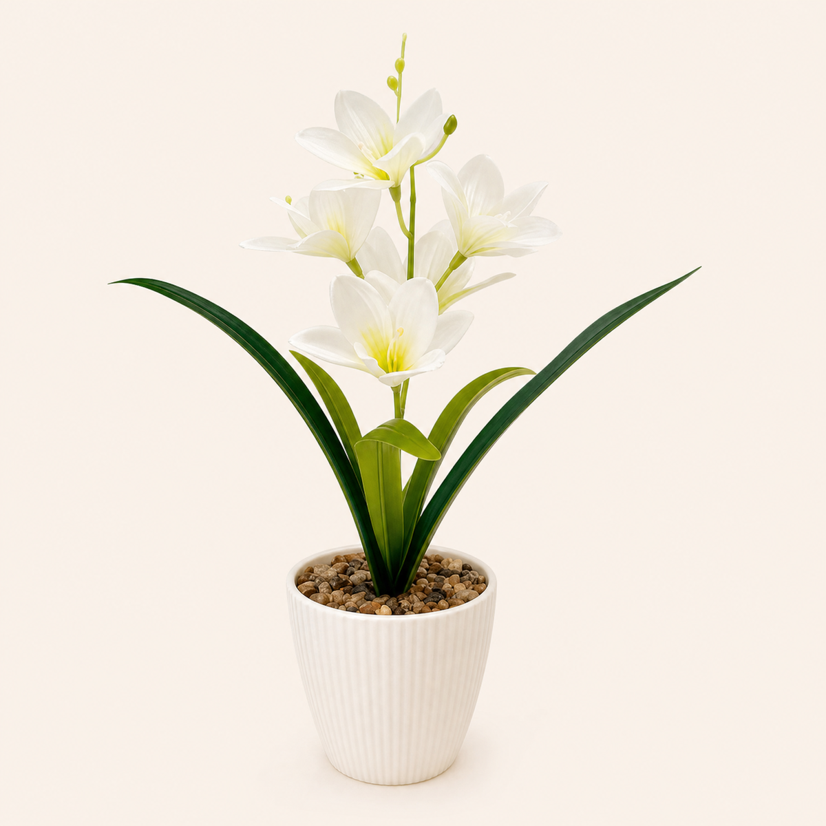 Faux Orchid in Stone Pot – Silk Bloom for Home, Study or Living Room Decor