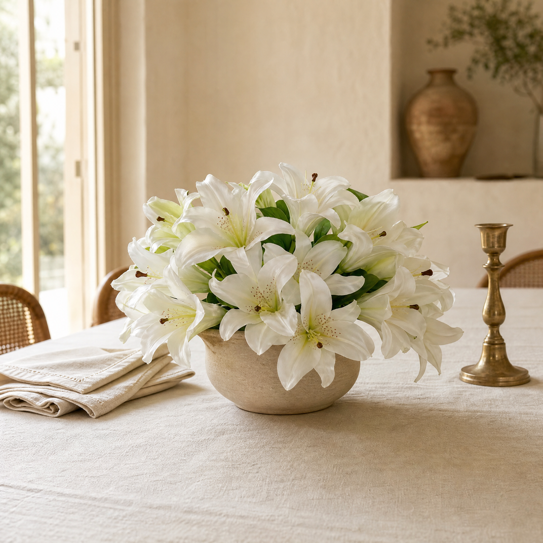 Silk Lily Bouquet – 7 Bloom Faux Floral Stems for Wedding, Home Decor and Gifting