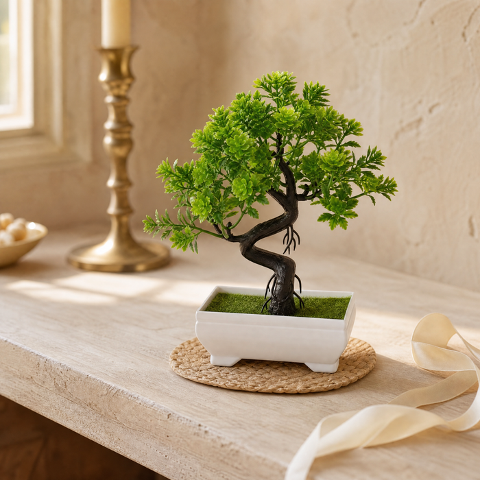 Artificial Bonsai Tree in White Pot – Faux Plant Desk Decor for Home and Office