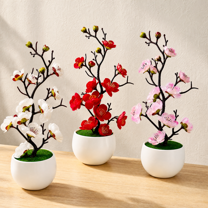 Faux Plum Blossom Bonsai – Silk Flower Potted Tree, Desk Decor, Home or Wedding