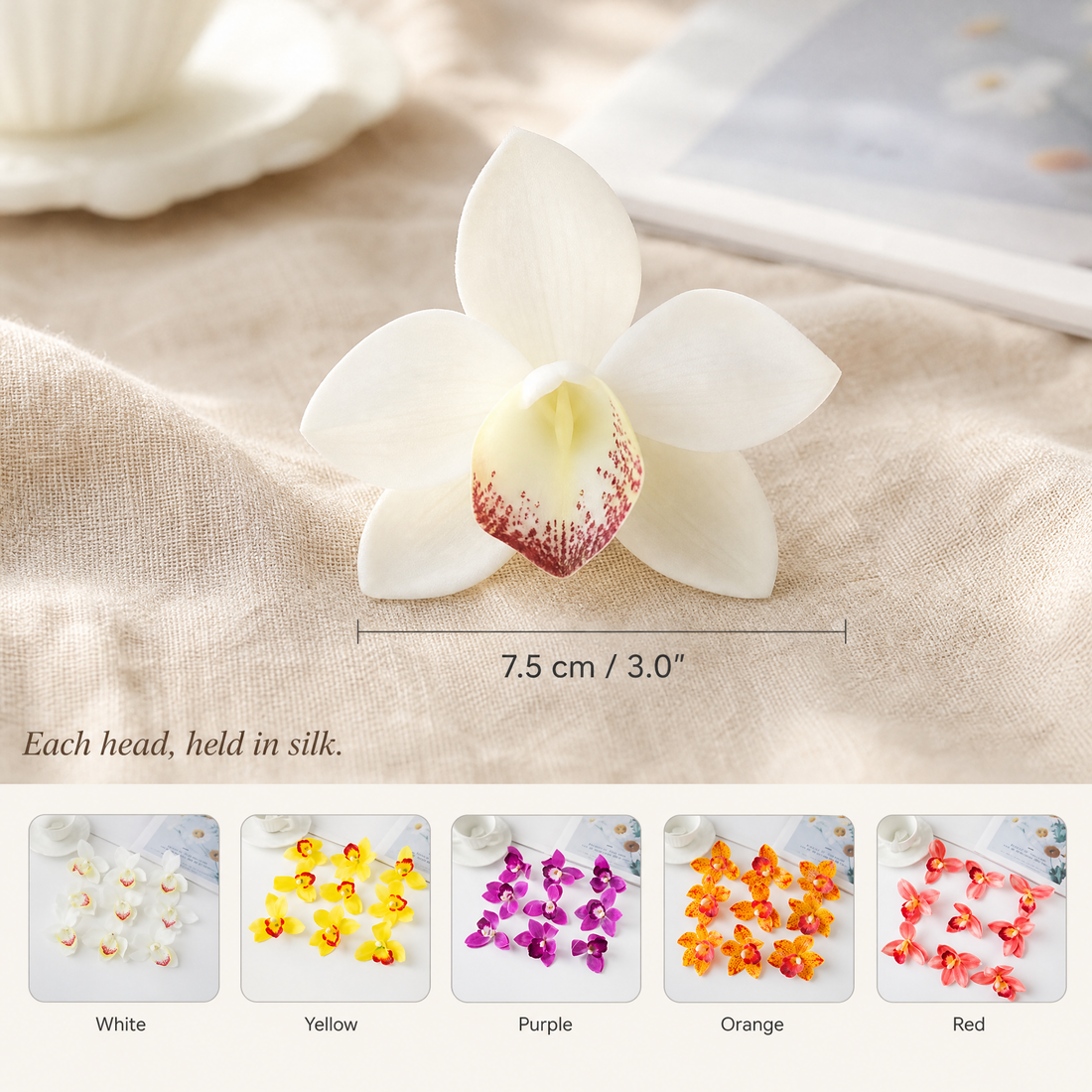 Silk Orchid Flower Heads – Faux Floral Stems for Wedding Bouquet and Home Decor