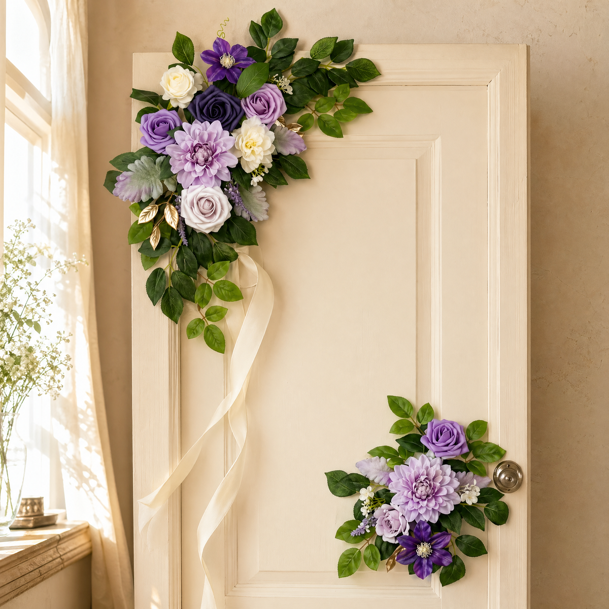 Faux Floral Wedding Sign Swag Set – Purple Rose Arch Flowers, Silk Welcome Decor
