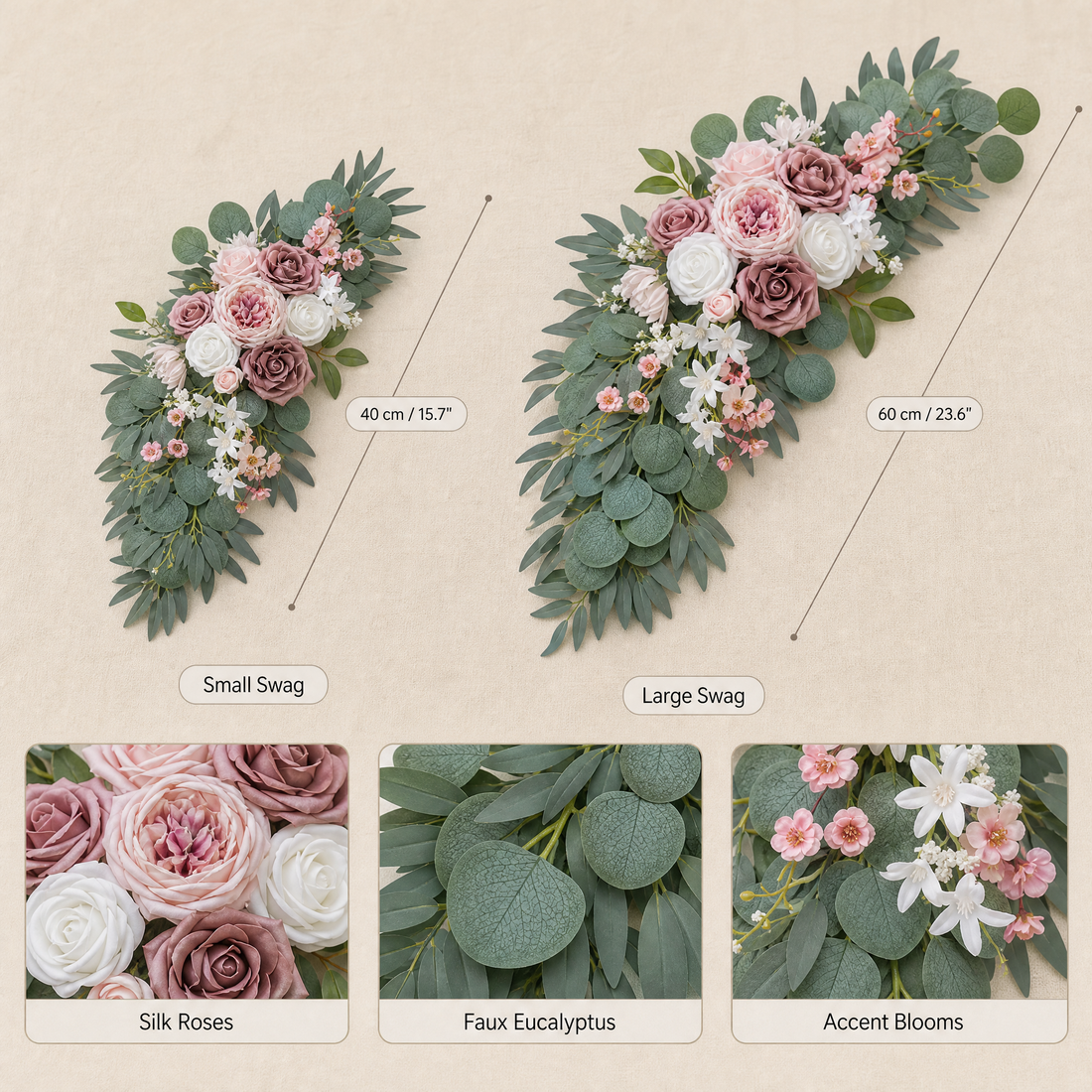 Faux Rose Arch Swag Set – Dusty Pink Silk Flowers Wedding Arch Decor Eucalyptus