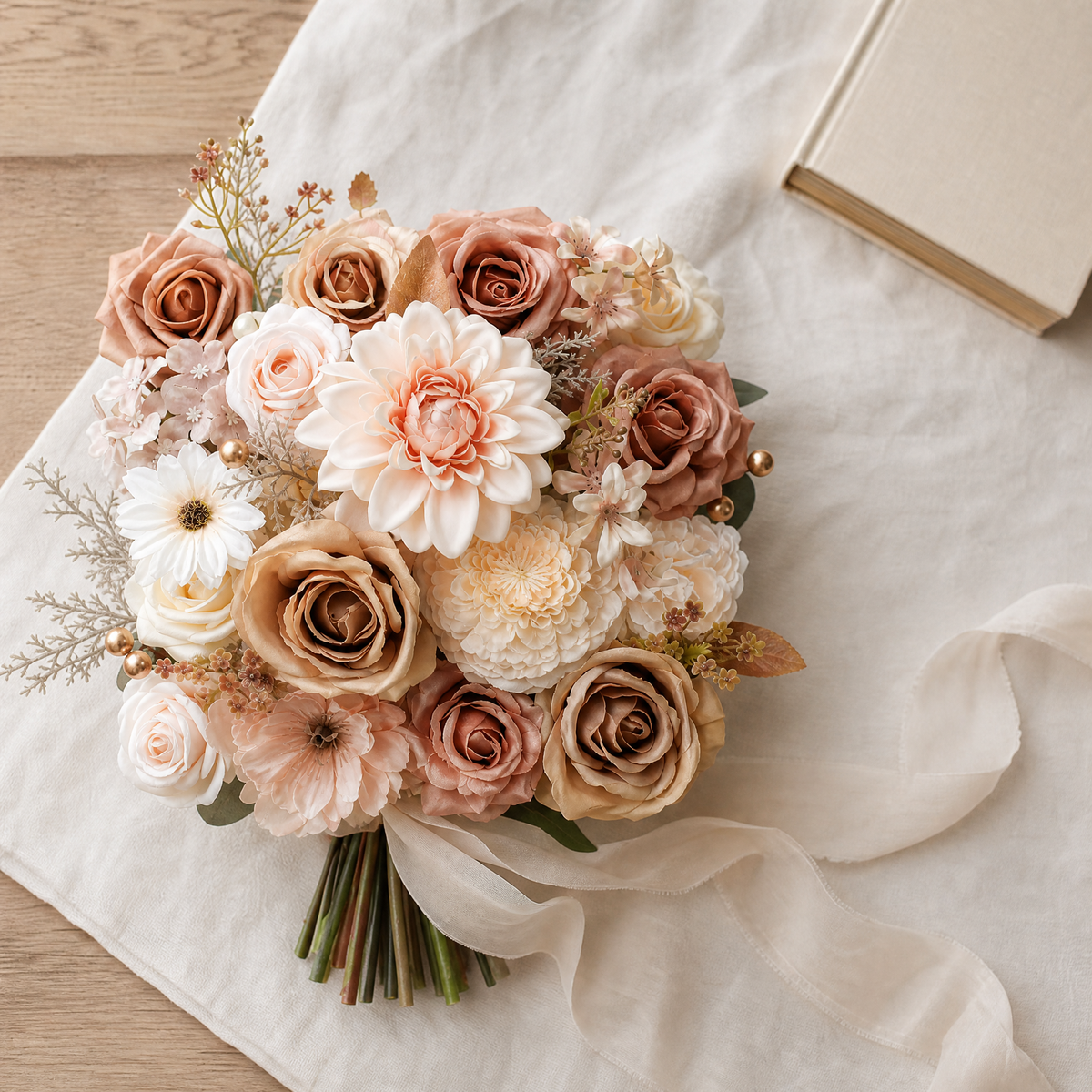 Silk Flower Box Set – Dusty Rose Blush Dahlia Roses for Bridal Bouquet and Home Decor