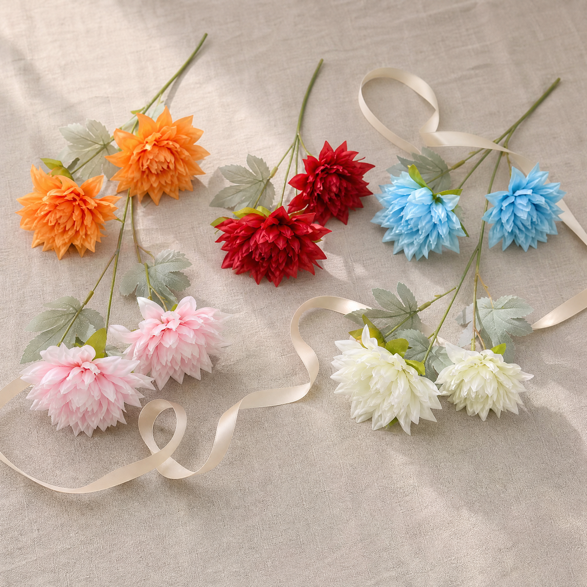 Artificial Dahlia Stem 3 Heads – Faux Silk Flower for Vase Wedding Home Decor