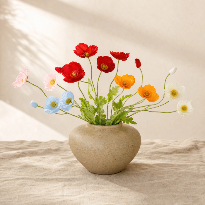 Silk Poppy Stem Faux Flowers – 4 Head Spray for Wedding and Home Decor