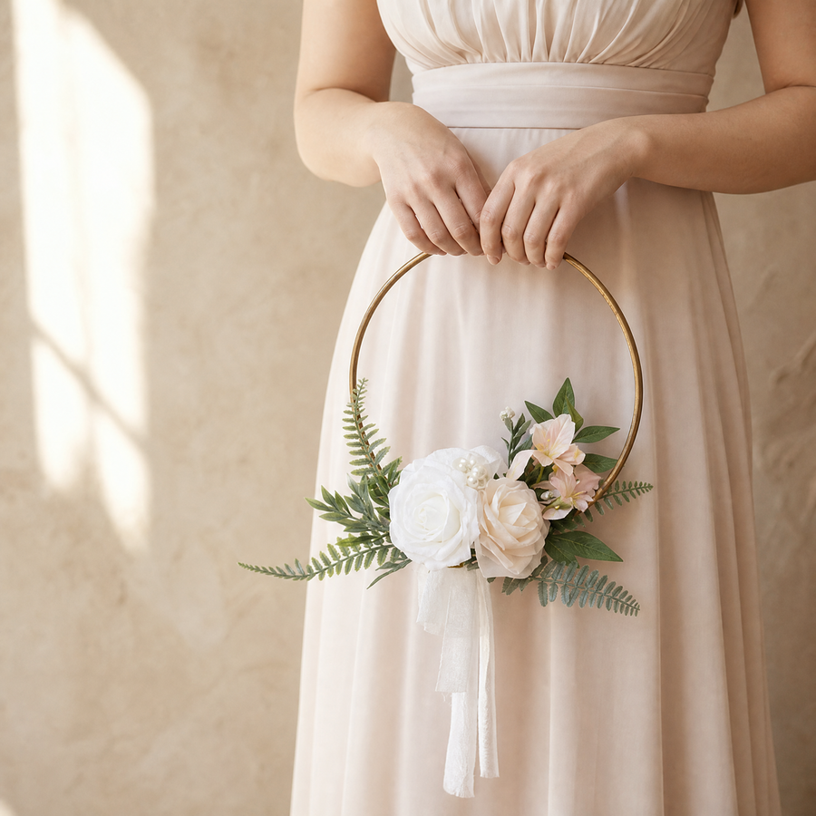 Gold Hoop Bouquet – Faux Rose Bridesmaid Floral Ring Wedding Ceremony Decor