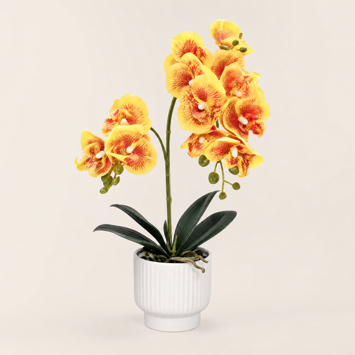 Faux Orchid Arrangement in Pot – Silk Phalaenopsis Bonsai Home Office Desk Decor