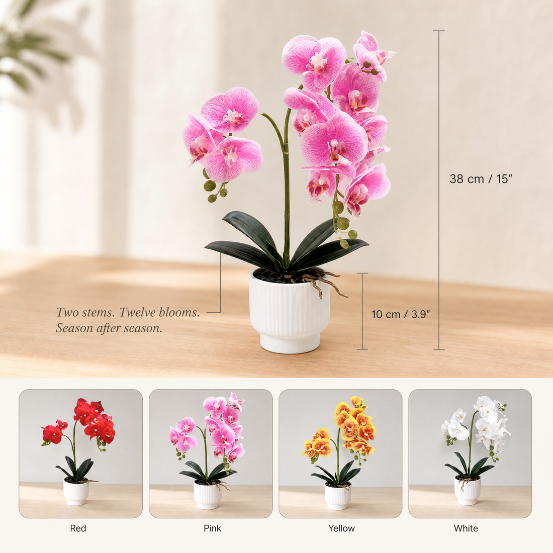 Faux Orchid Arrangement in Pot – Silk Phalaenopsis Bonsai Home Office Desk Decor