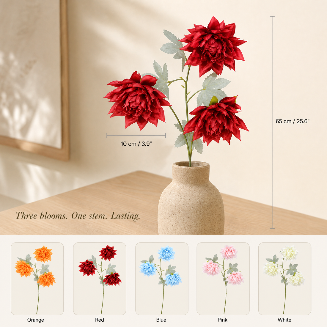 Artificial Dahlia Stem 3 Heads – Faux Silk Flower for Vase Wedding Home Decor