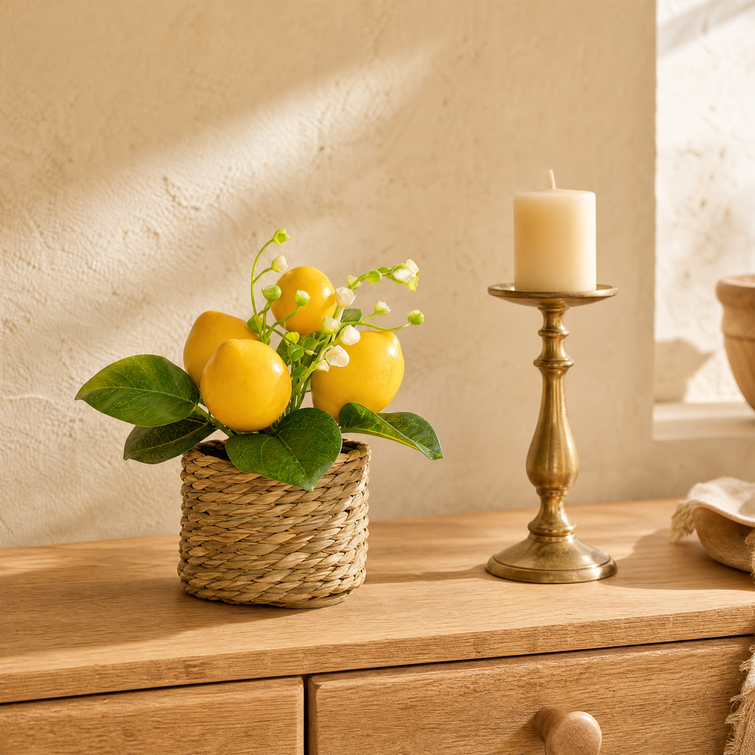 Faux Lemon Potted Plant – Woven Basket Pot, Artificial Fruit Decor, Kitchen Table Accent