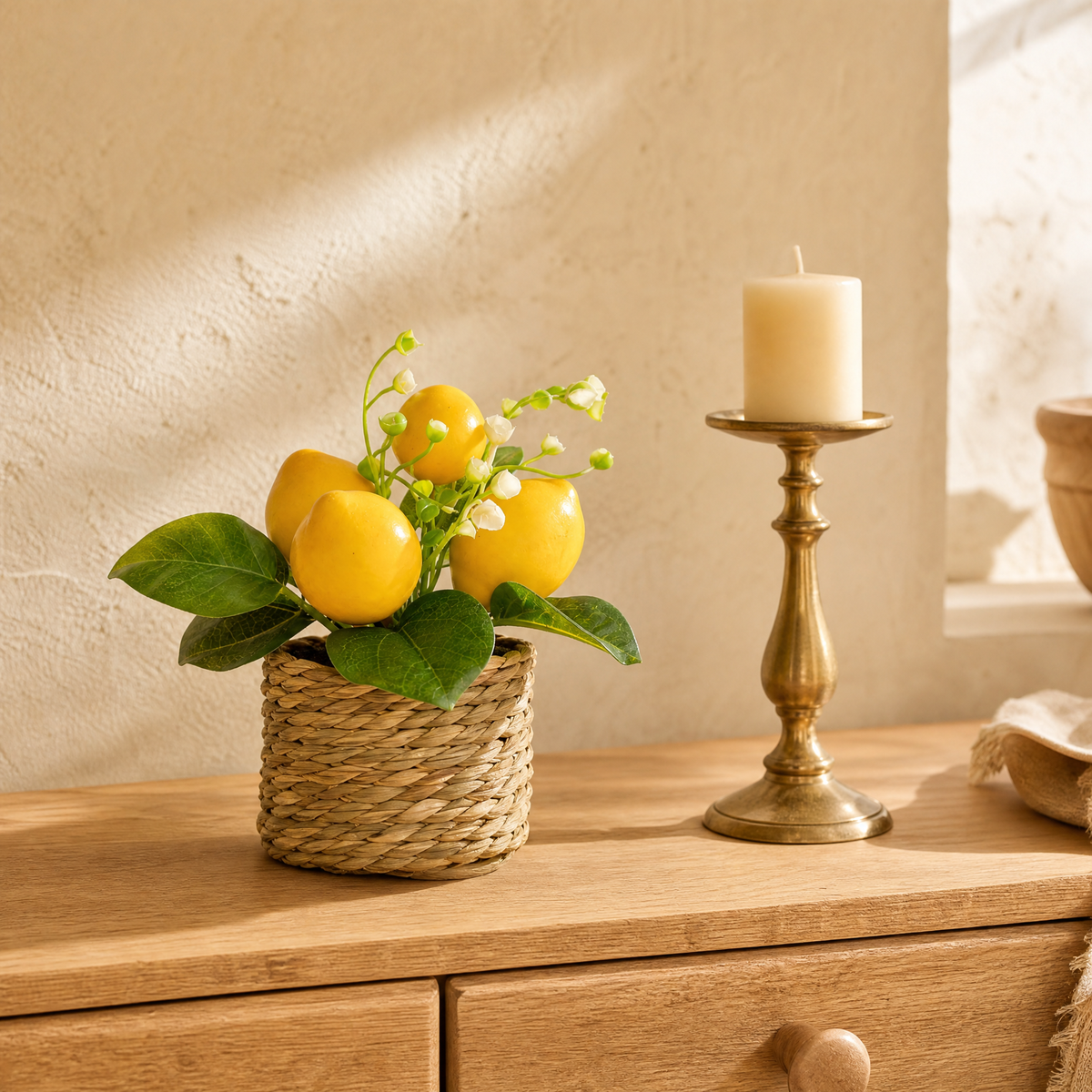 Faux Lemon Potted Plant – Woven Basket Pot, Artificial Fruit Decor, Kitchen Table Accent