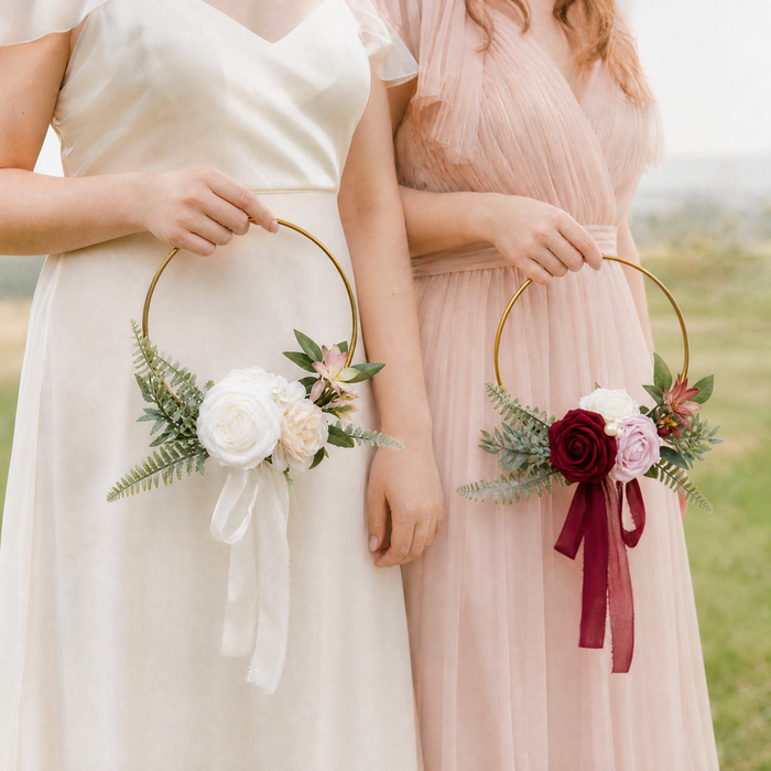 Gold Hoop Bouquet – Faux Rose Bridesmaid Floral Ring Wedding Ceremony Decor