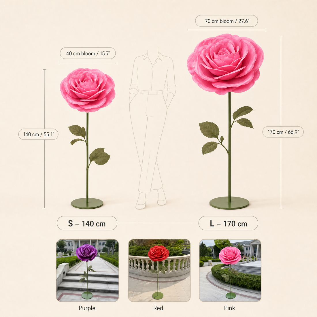 Giant Foam Rose Floor Stand – Wedding Backdrop Decor, Event Stage Prop, 140cm 170cm