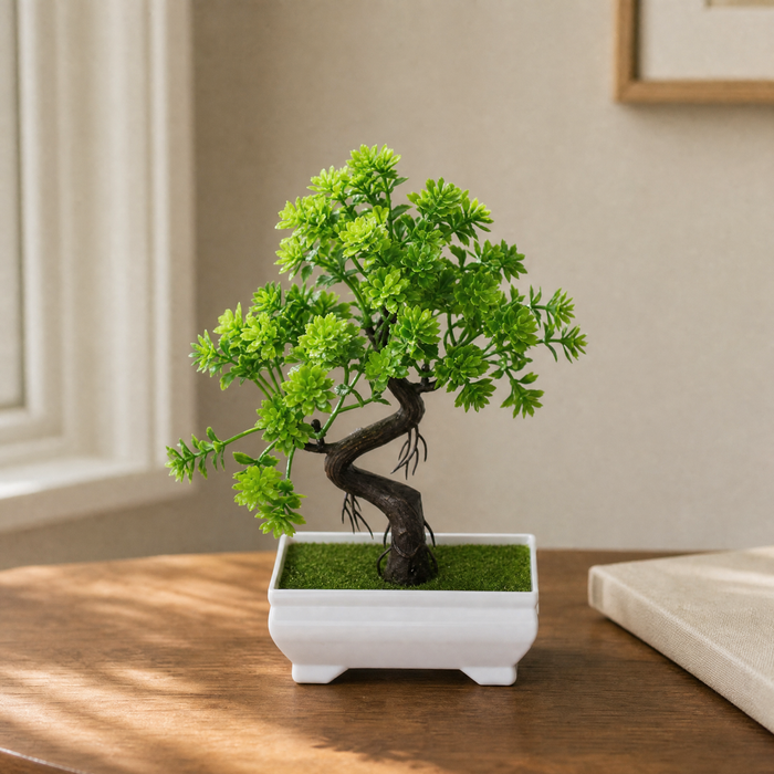 Artificial Bonsai Tree in White Pot – Faux Plant Desk Decor for Home and Office