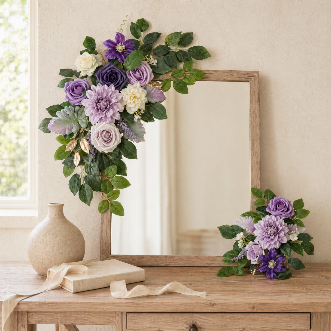 Faux Floral Wedding Sign Swag Set – Purple Rose Arch Flowers, Silk Welcome Decor