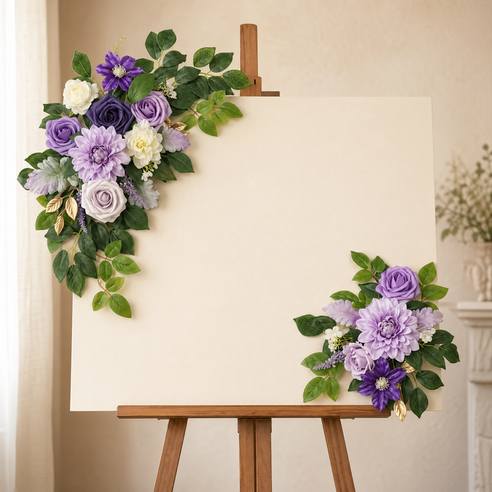 Faux Floral Wedding Sign Swag Set – Purple Rose Arch Flowers, Silk Welcome Decor
