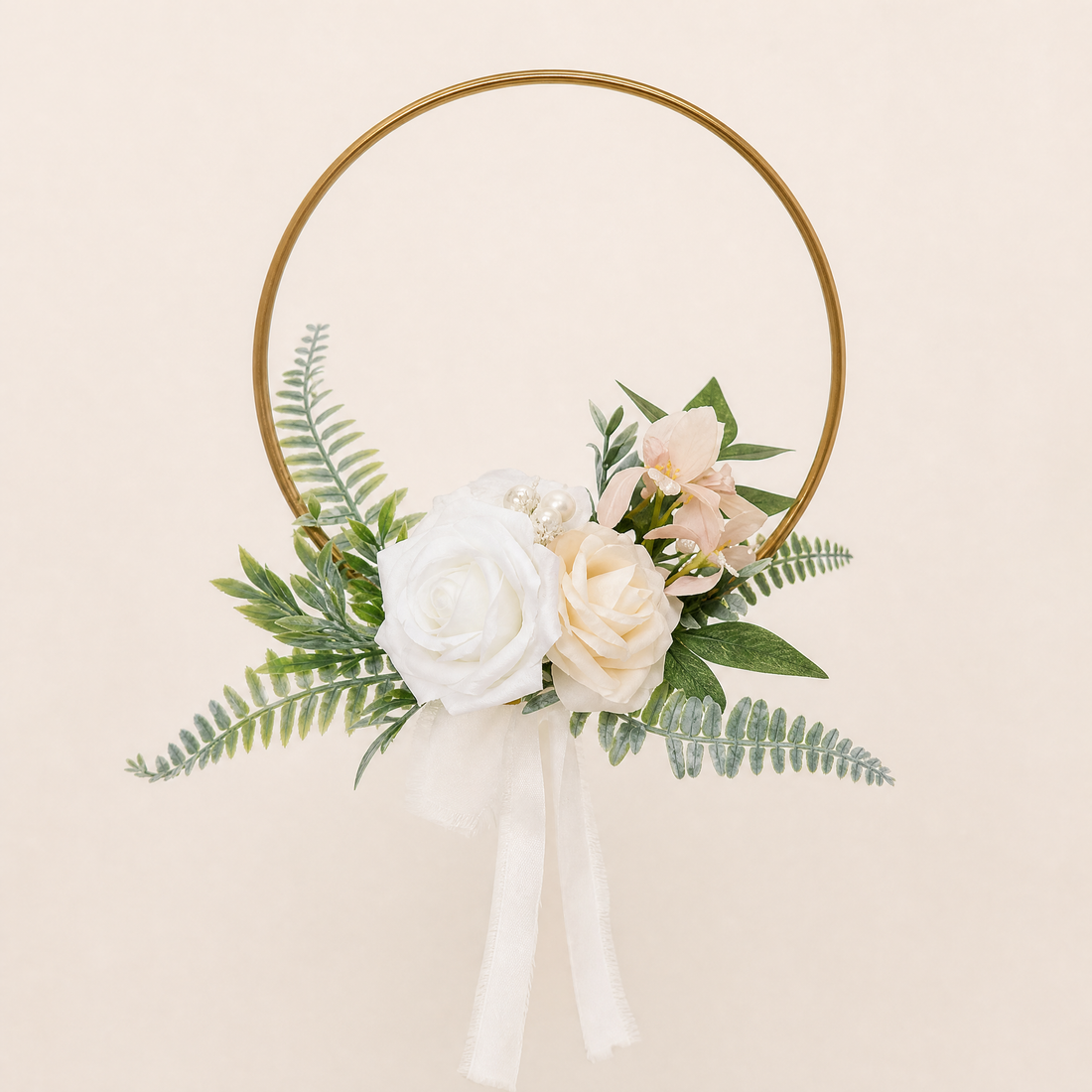 Gold Hoop Bouquet – Faux Rose Bridesmaid Floral Ring Wedding Ceremony Decor