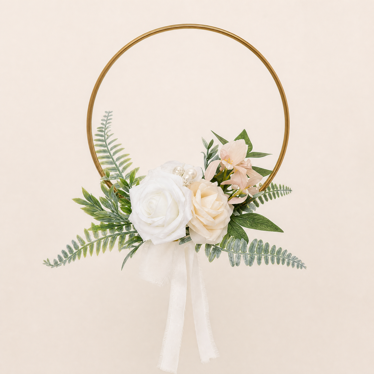 Gold Hoop Bouquet – Faux Rose Bridesmaid Floral Ring Wedding Ceremony Decor