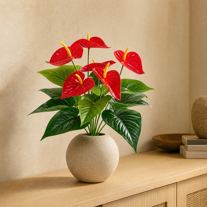 Artificial Anthurium Plant – 18 Head Faux Flamingo Flower Red Indoor Home Decor