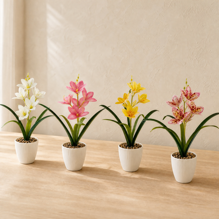 Faux Orchid in Stone Pot – Silk Bloom for Home, Study or Living Room Decor