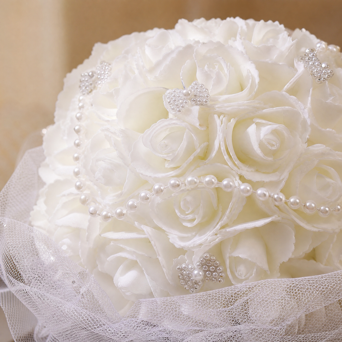 Faux Rose Bridal Bouquet – Pearl Detail Tulle Wrap White Wedding Flowers Bride