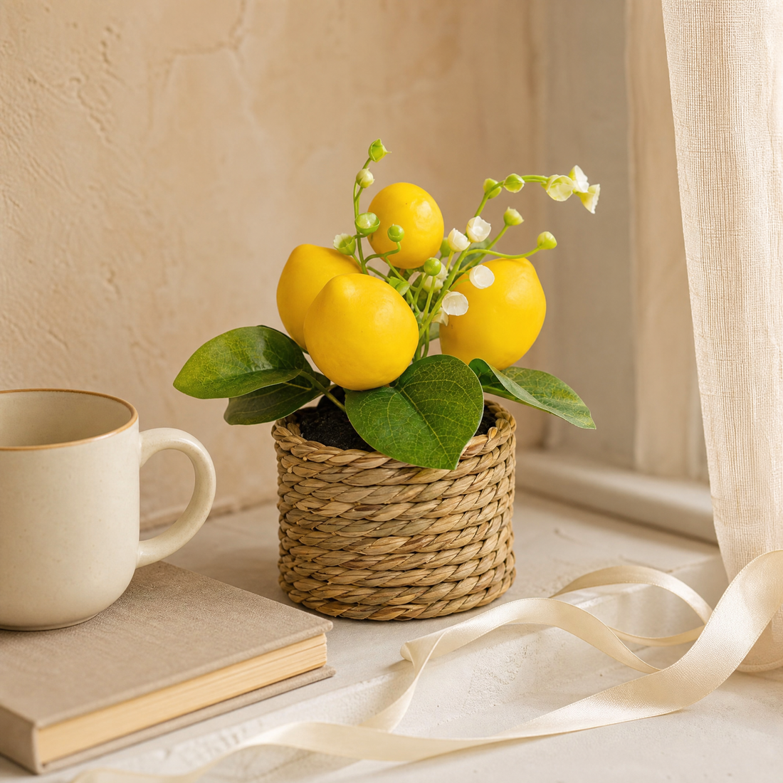 Faux Lemon Potted Plant – Woven Basket Pot, Artificial Fruit Decor, Kitchen Table Accent