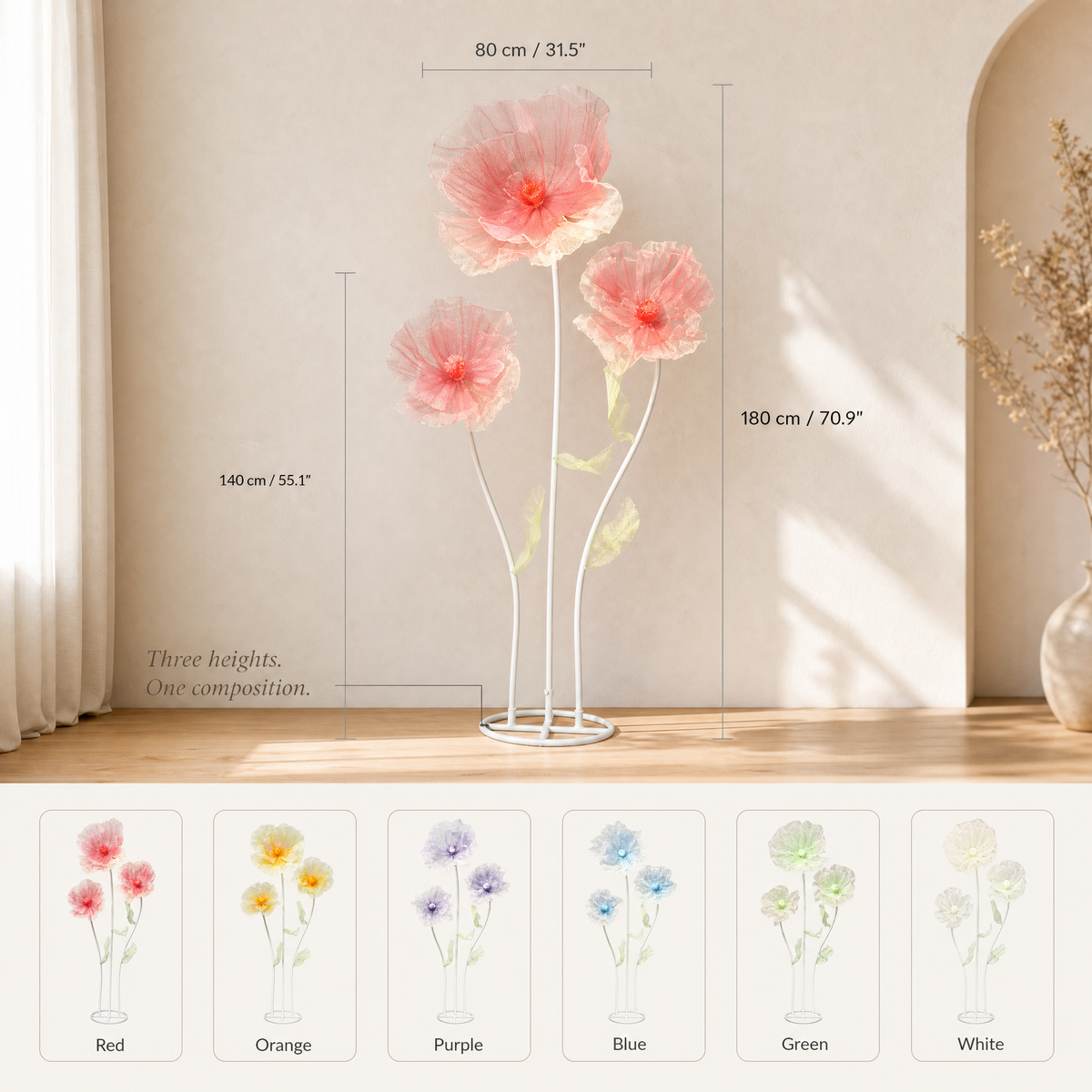 Giant Faux Poppy Floor Arrangement – Mesh Silk Flower Wedding Event Display Decor